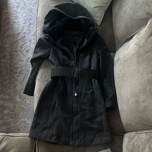 Zara Black Hooded and Belted Women’s Coat